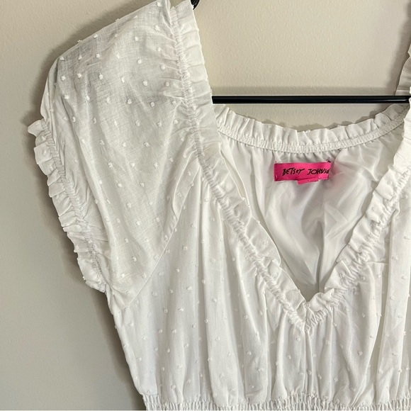 Betsey Johnson White Maxi Dress SZ M Swiss Dot Smocked Waist Boho Ruffle Cottage - Picture 3 of 11